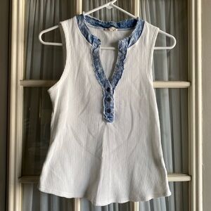 Mystree White Tank Top with Blue Denim Trim